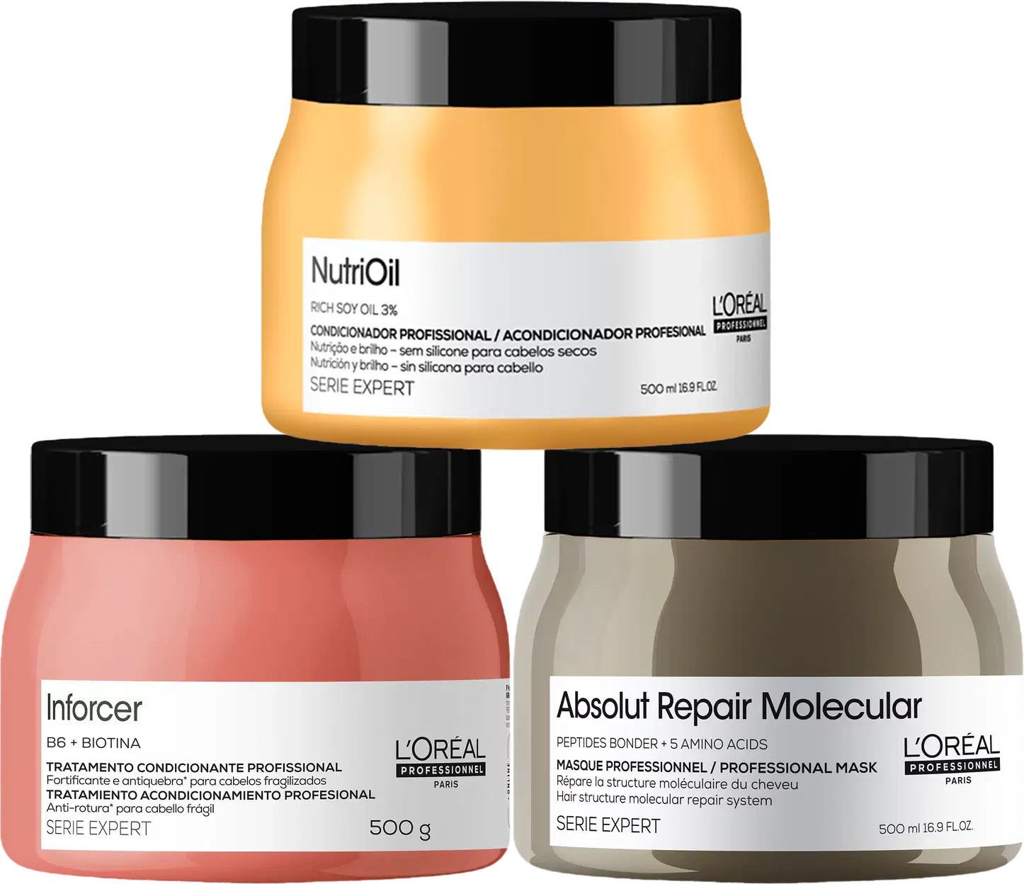 Kit L'Oréal Professionnel Absolut Repair Molecular + NutriOil + Inforcer Masks, com máscara capilar Absolut Repair Molecular, máscara capilar NutriOil e máscara capilar Inforcer, da marca  L'Oréal Professionnel