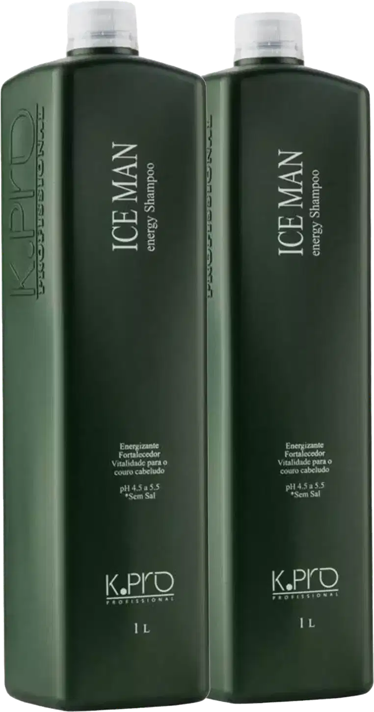 O produto apresentado na imagem são dois frascos de shampoo da marca K.Pro. Os frascos possuem um design retangular e são predominantemente na cor verde escura, com o nome da marca e do produto "Ice Man" impressos em branco.