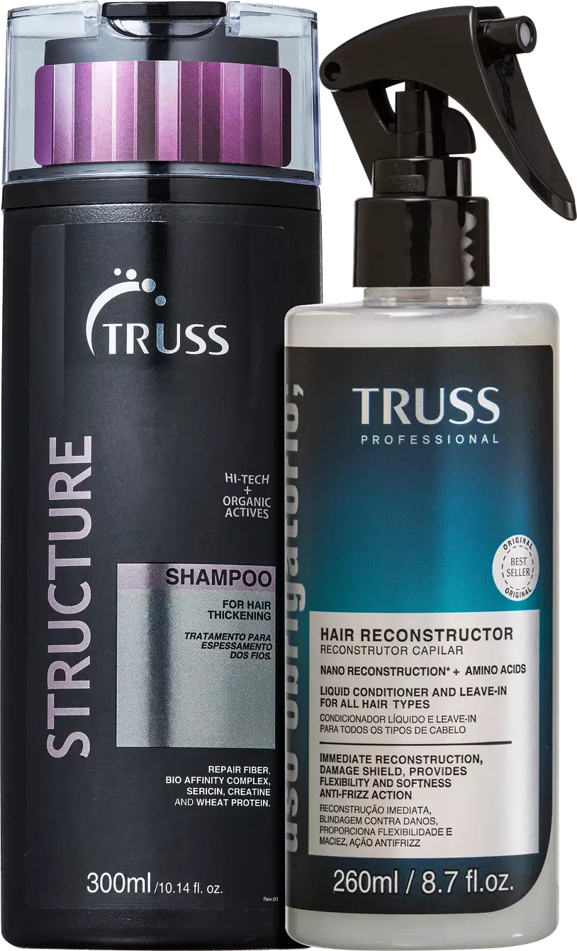 A imagem mostra dois produtos da TRUSS: Shampoo Structure 300ml e Tratamento Uso Obrigatório 260ml. Cores predominantes são o preto, o rosa e o azul.