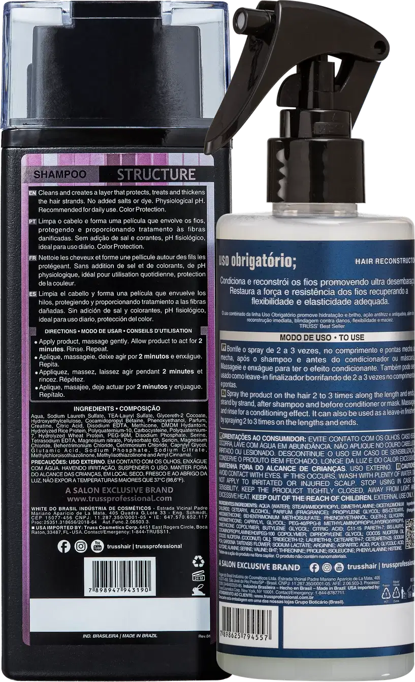 A imagem mostra o verso dos produtos, com indicação, composição, modo de uso e código de barras.