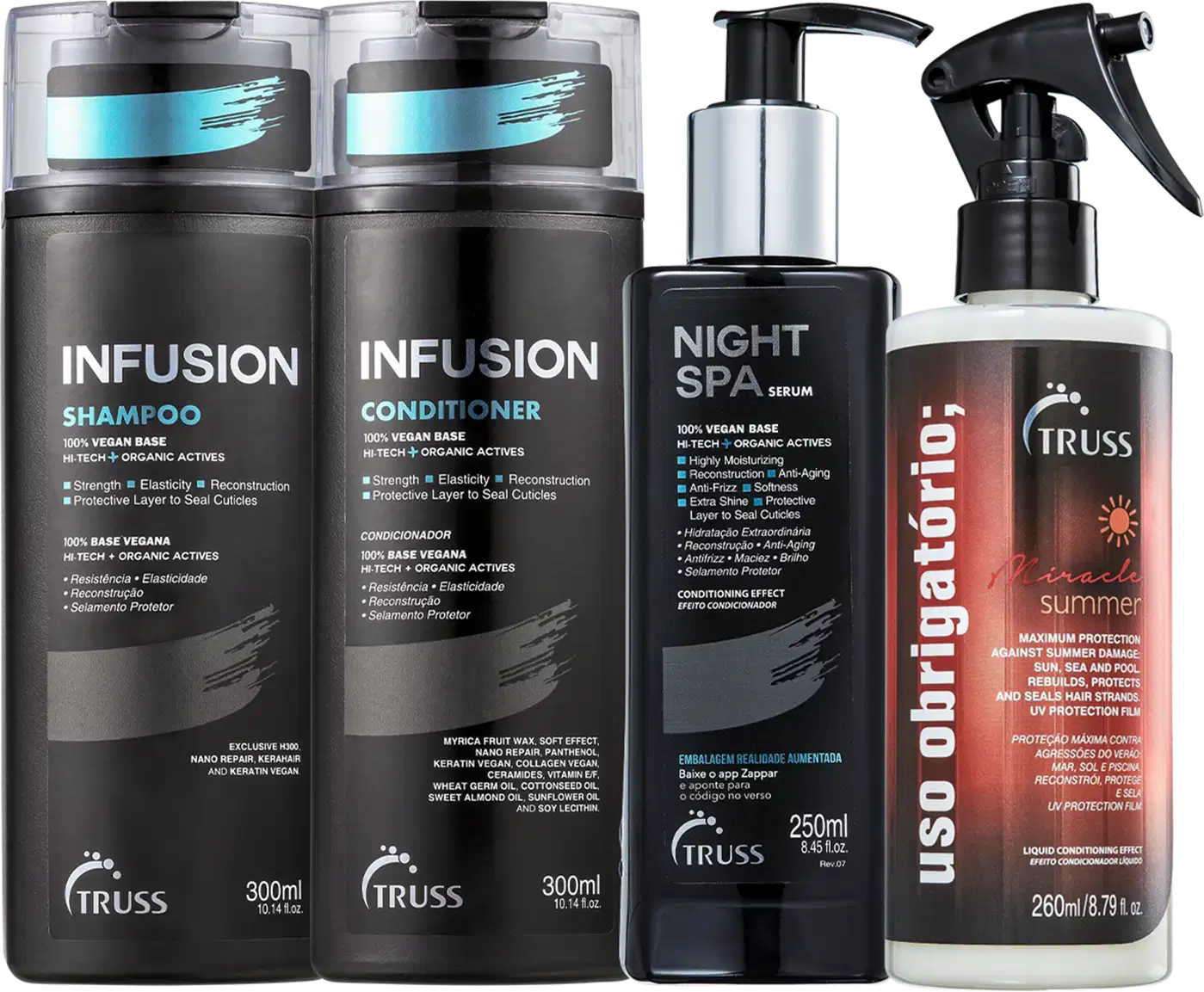 Kit com shampoo, condicionador Infusion, sérum noturno Night SPA e tratamento reconstrutor Uso Obrigatório Miracle Summer, da marca TRUSS.