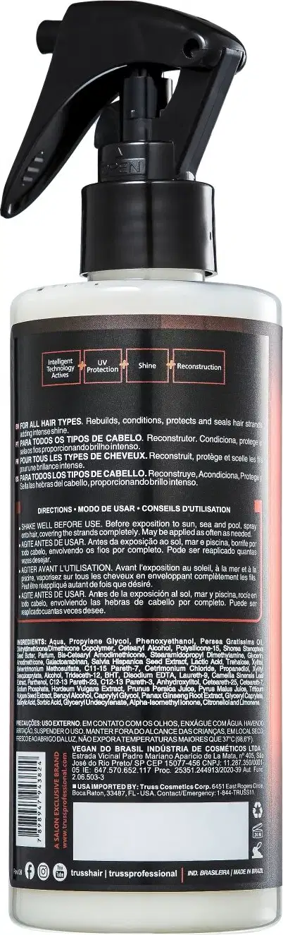 Produto de cuidado capilar Truss Miracle Summer em embalagem spray de plástico preto e branco. Frasco de 260ml/8.79fl oz com gatilho borrifador preto.