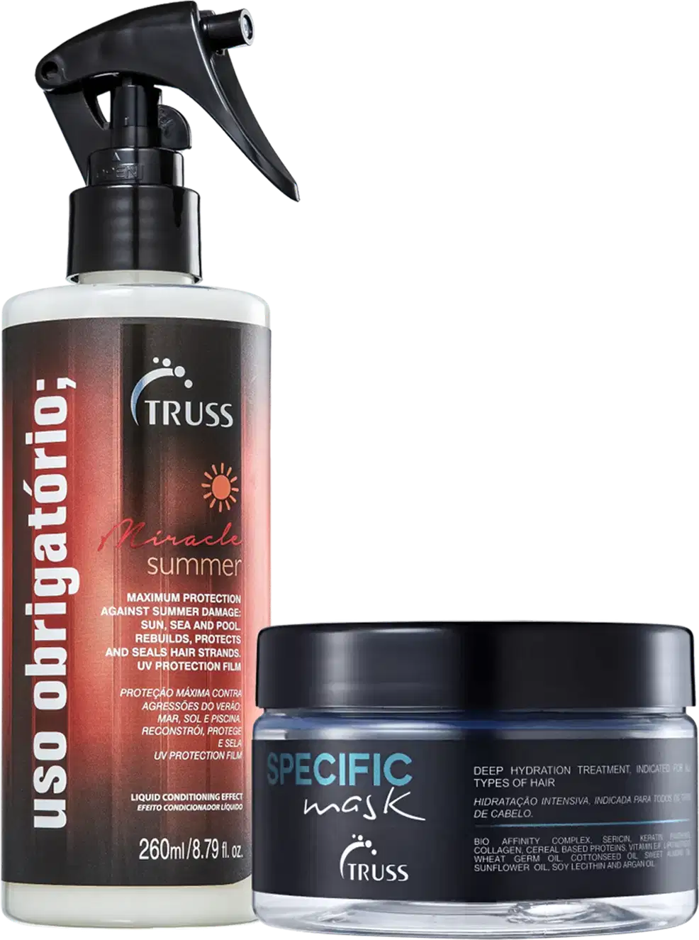 Produto de cuidado capilar da marca TRUSS. Um frasco spray vermelho de 260ml com o nome "Uso obrigatório Miracle Summer". Um pote preto com a inscrição "Specific Mask" de 180g.