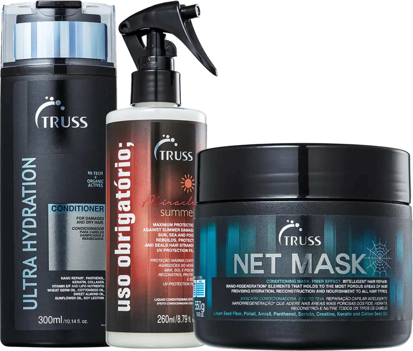 Três produtos de cuidados capilares da marca TRUSS. O primeiro é um condicionador de 300ml. O segundo é um protetor solar líquido para cabelos de 260ml. O terceiro é uma máscara capilar de 550g.