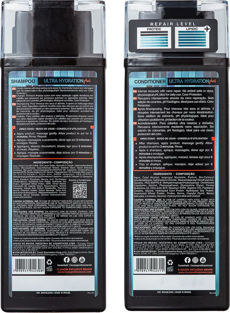 A imagem mostra o verso da embalagem do shampoo e do condicionador, contendo informações sobre os produtos.