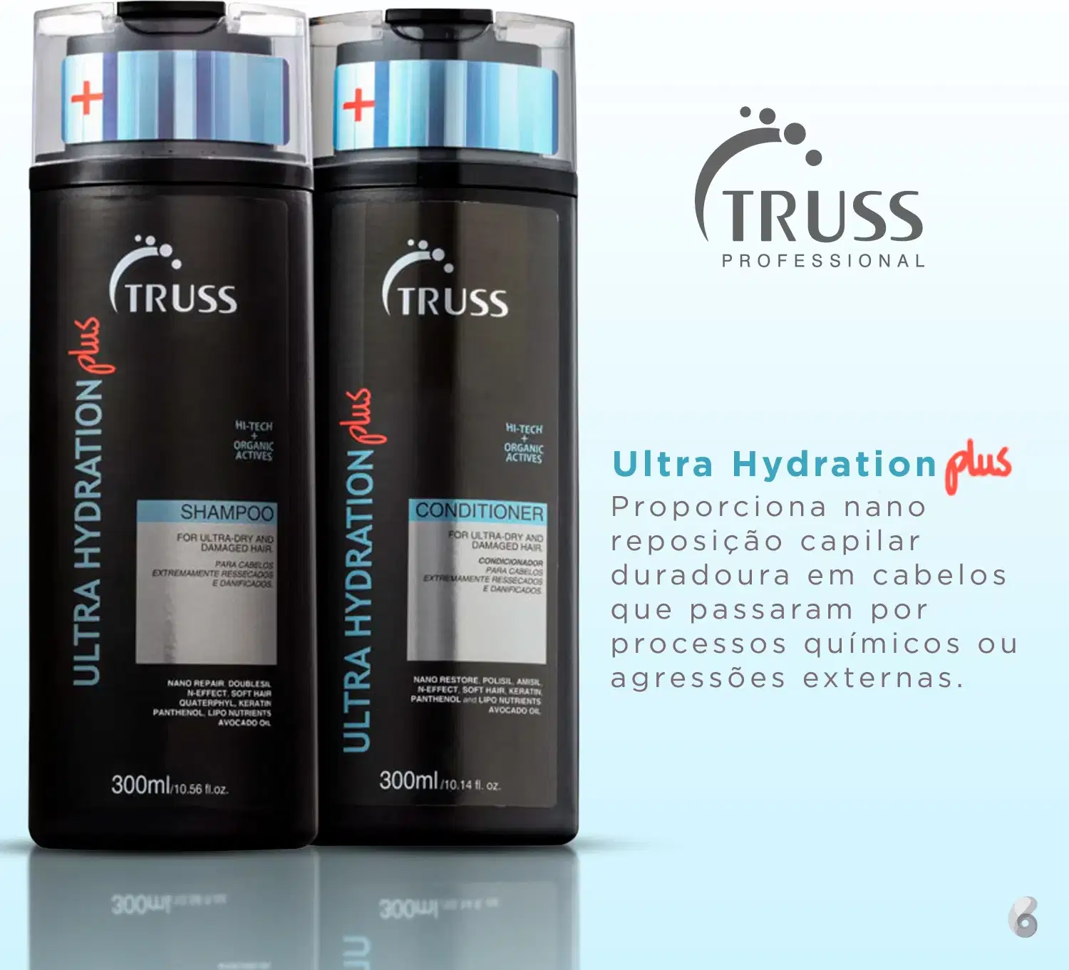 A imagem mostra o frasco do shampoo e do condicionador e ao lado texto destaca benefícios.
