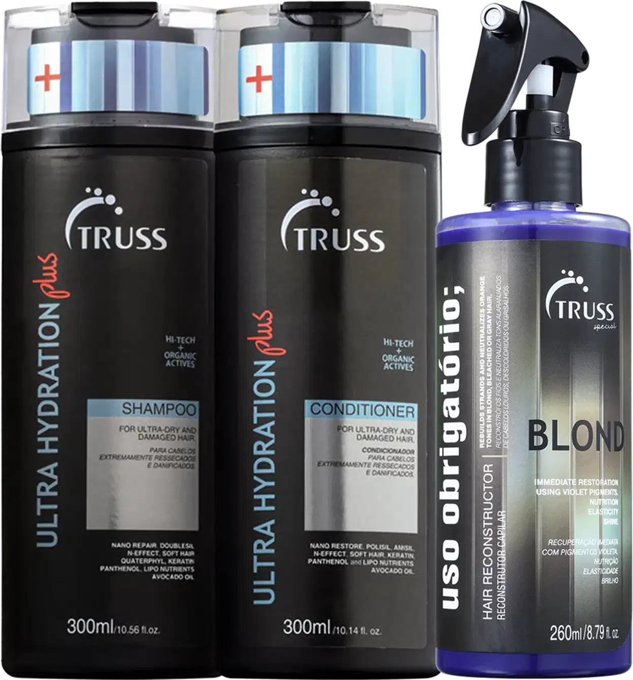 A imagem mostra um kit de TRUSS, sendo um shampoo e um condicionador da linha Ultra Hydration Plus e um frasco do uso obrigatório Blond.