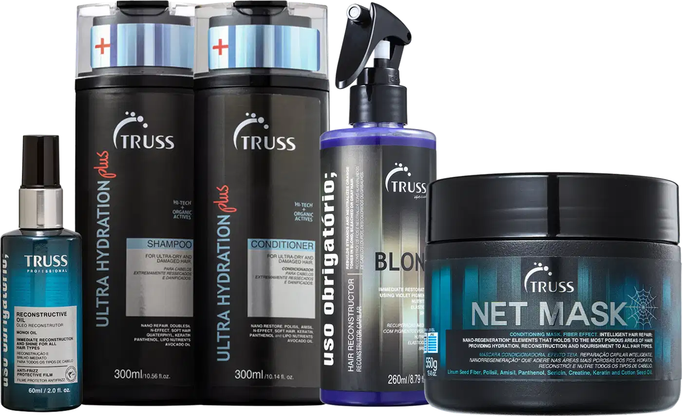 A imagem mostra um kit de TRUSS, contendo um shampoo e condicionador da linha Ultra Hydration Plus, um frasco de óleo capilar, um frasco do Uso Obrigatório Blond e um pote de máscara capilar net mask.