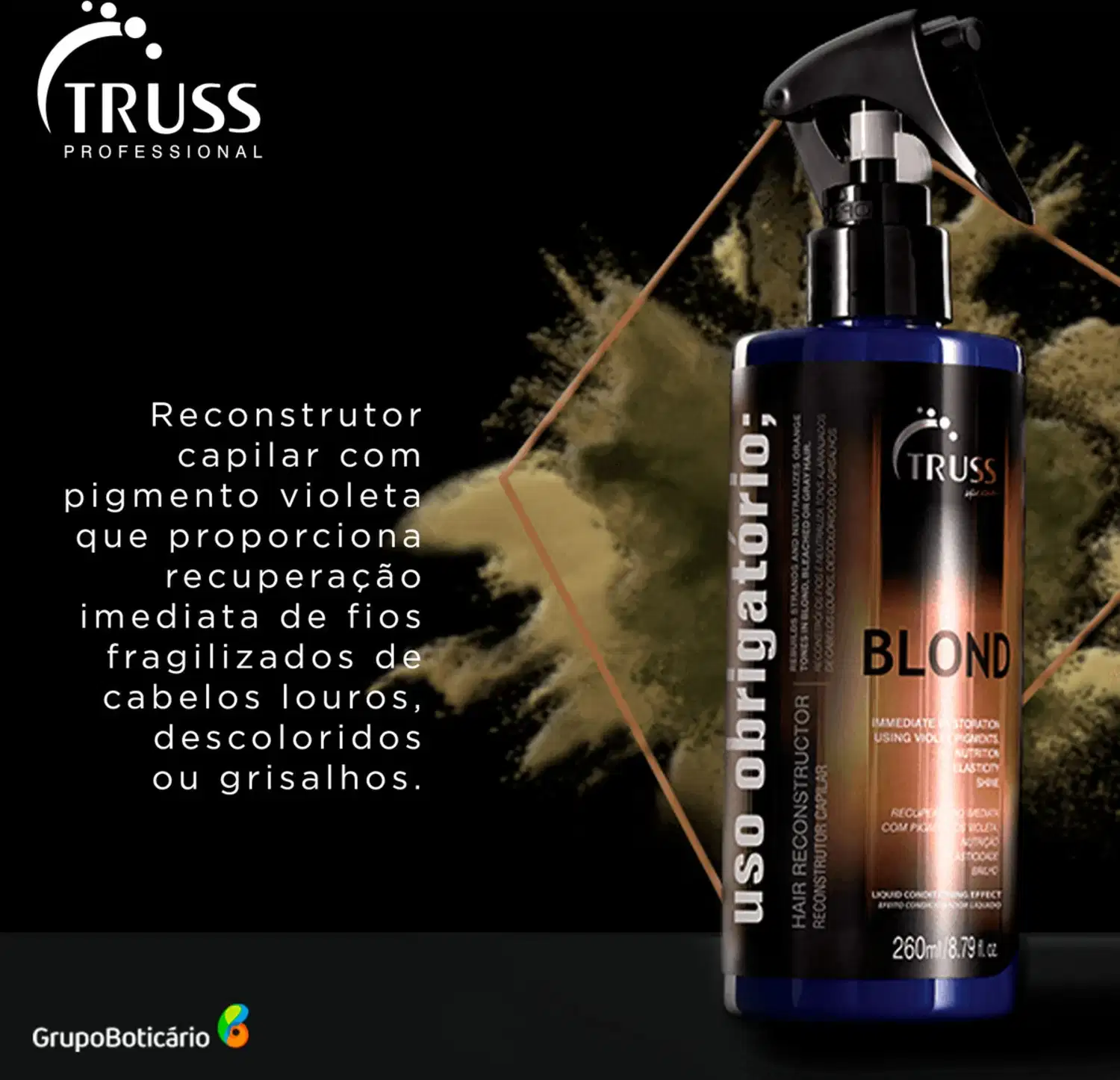 A imagem mostra o frasco do uso obrigatório Blond e ao lado texto destaca benefícios do produto.