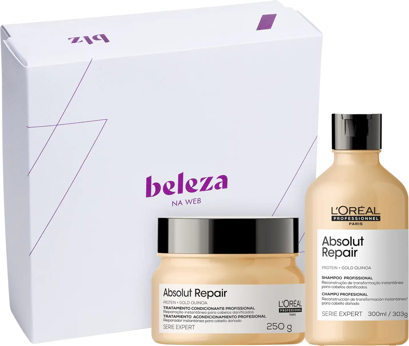 A imagem mostra caixa presenteável branca da Beleza na Web e produtos da marca L'Oréal Professionnel, da linha Absolut Repair: shampoo de 300ml e máscara de 250g.