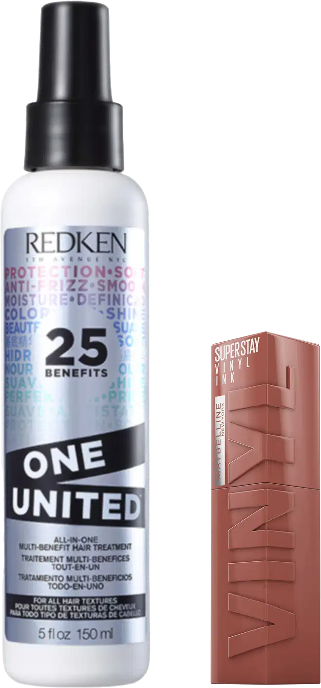 Kit com o tratamento capilar Redken One United e batom líquido Maybelline Superstay Vinyl Ink.