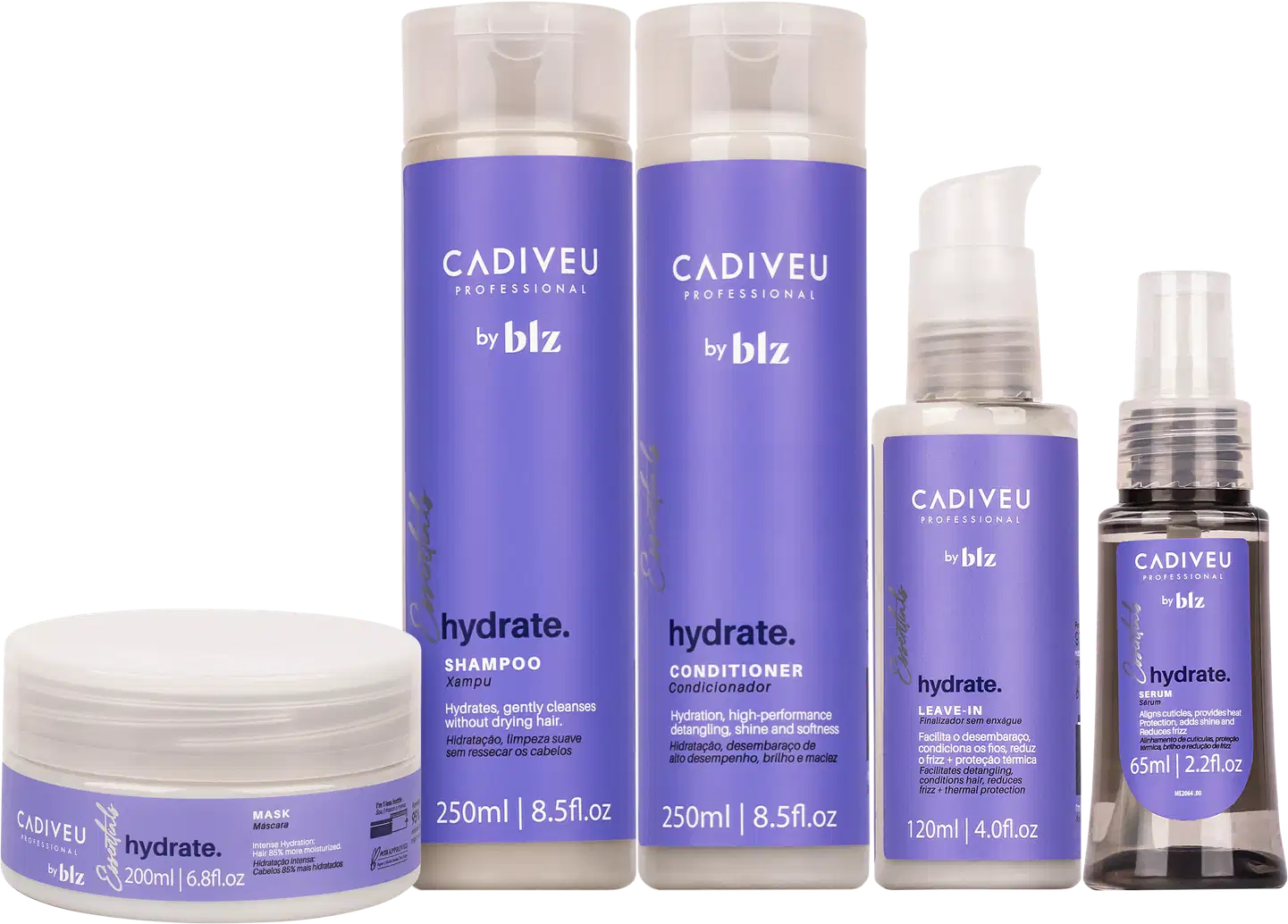 Kit Cadiveu Professional Essentials Hydrate by BLZ Completo com shampoo 250ml, condicionador 250ml, máscara capilar 200ml, sérum 65ml e leave-in 120ml