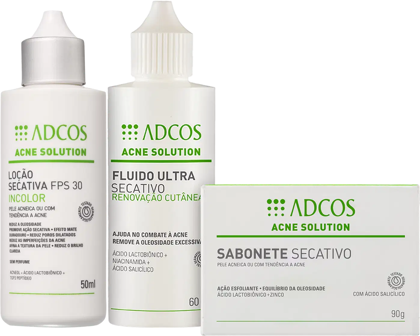 Kit Adcos Acne Solution com sabonete barra, loção secativa e fluido ultra secativo