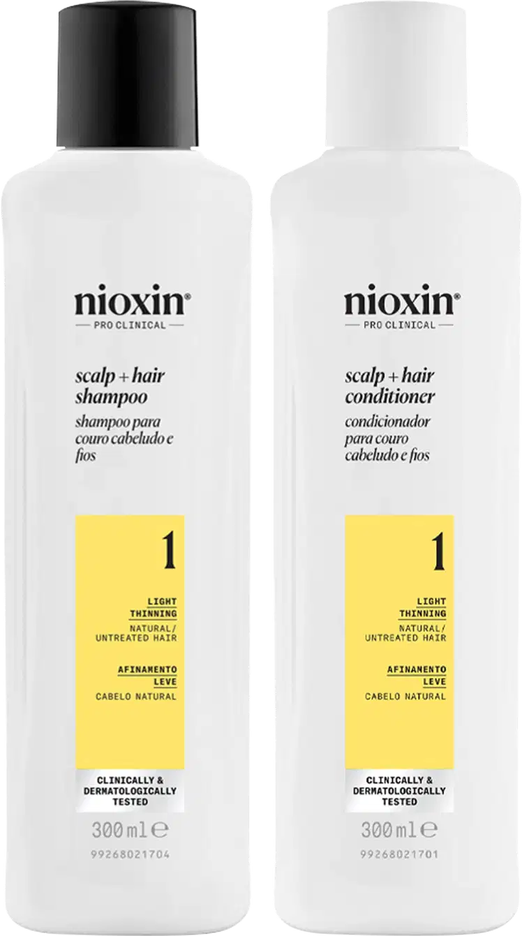 Kit com shampoo e condicionador Volume Thinning Sistema 1, da marca Nioxin.