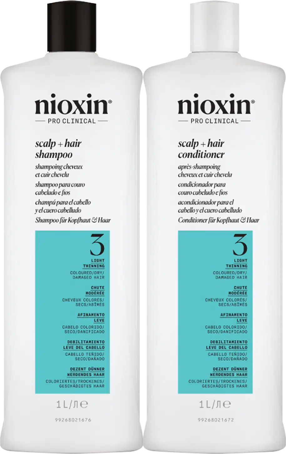 Kit com shampoo e condicionador Volume Thinning Sistema 3, da marca Nioxin.