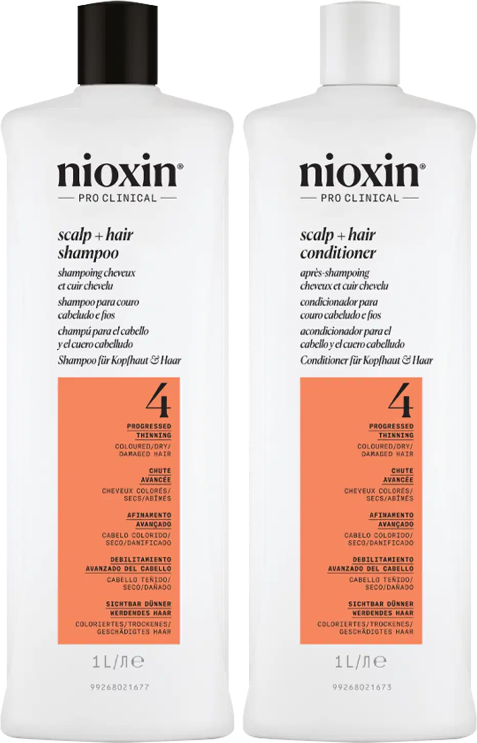Kit com shampoo e condicionador Volume Thinning Sistema 4, da marca Nioxin.