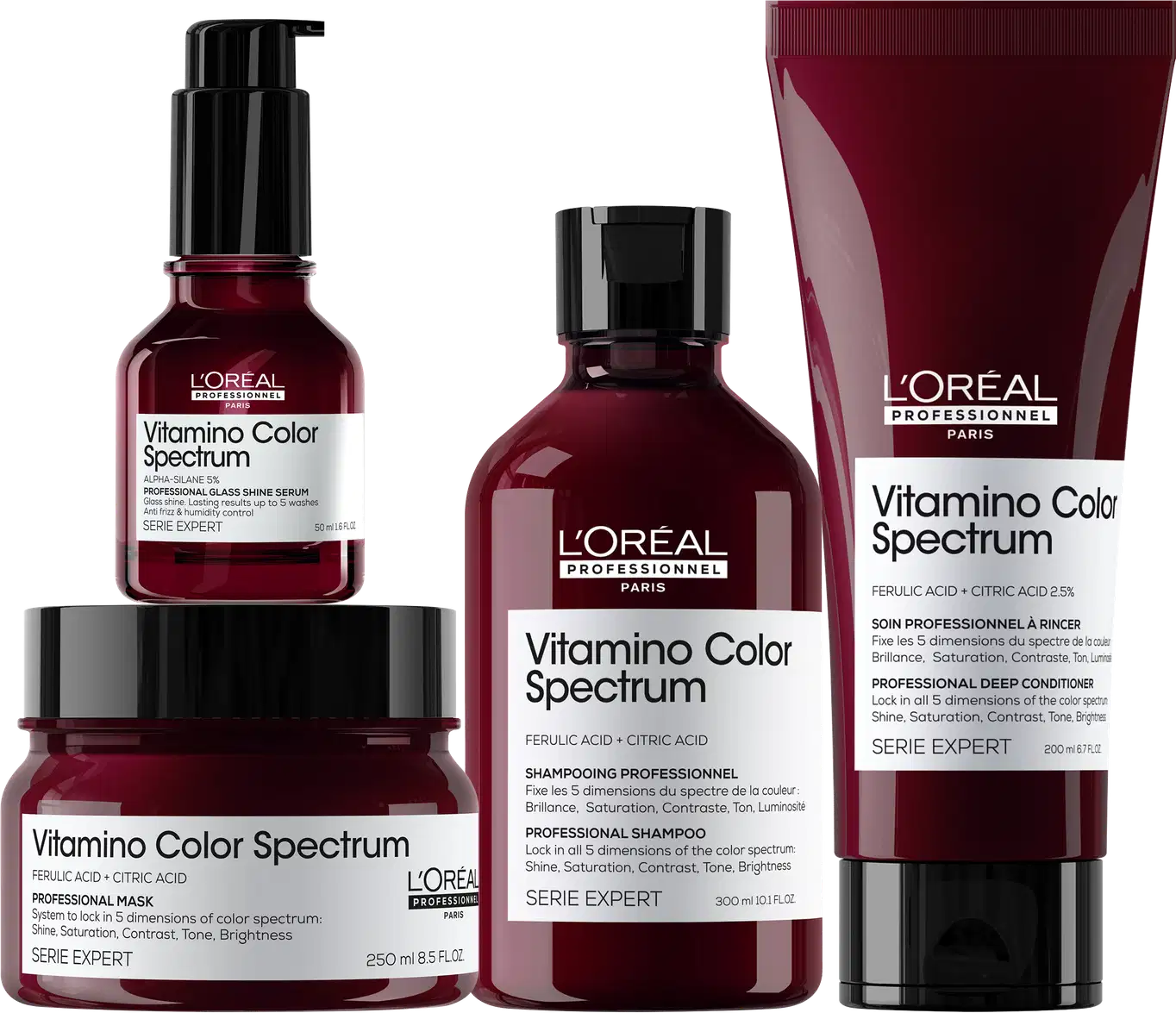 Kit L'Oréal Professionnel Vitamino Color Spectrum: Shampoo 300ml; Condicionador 200ml; Máscara Capilar 250ml; e Sérum Capilar 50ml