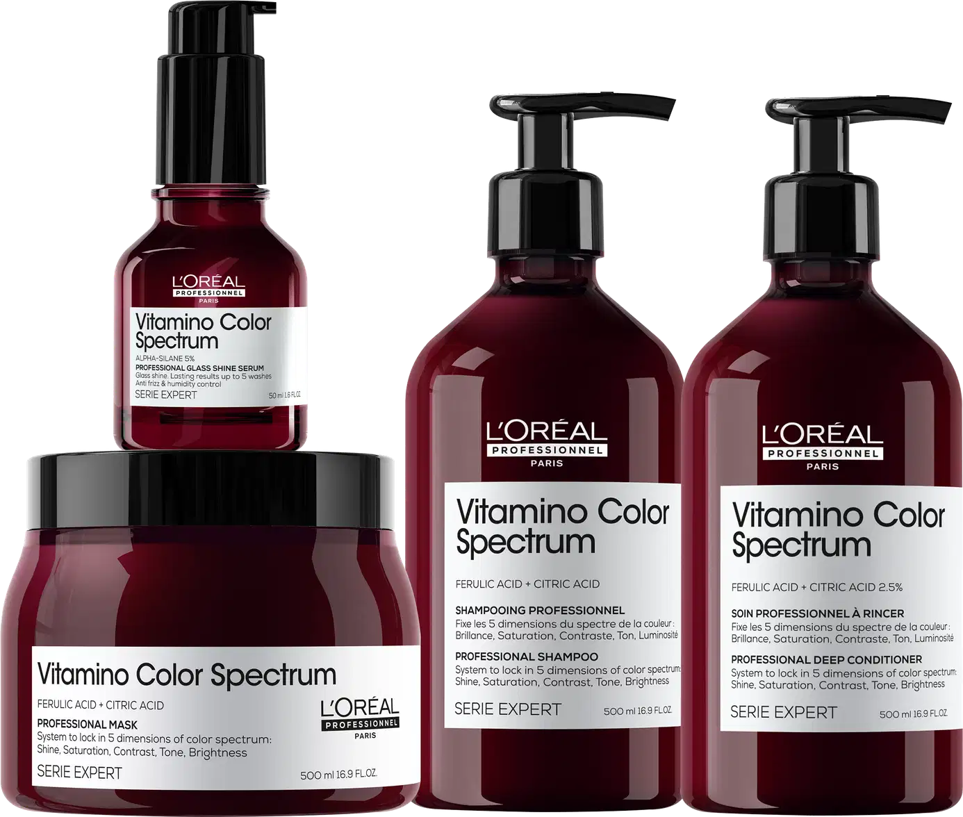 Kit L'Oréal Professionnel Vitamino Color Spectrum: Shampoo 500ml; Condicionador 500ml: Máscara Capilar 500ml; e Sérum Capilar 50ml