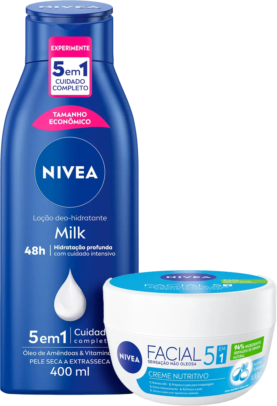 Kit NIVEA Milk + Facial 5 em 1, 2 produtos.