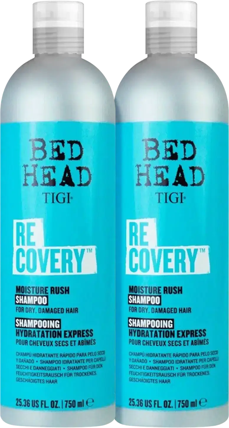 Dois frascos de shampoo TIGI Bed Head Recovery, com embalagem branca e azul, contendo 750 ml cada. O rótulo destaca o nome da linha "Recovery" e a promessa de "Moisture Rush" para cabelos secos e danificados.