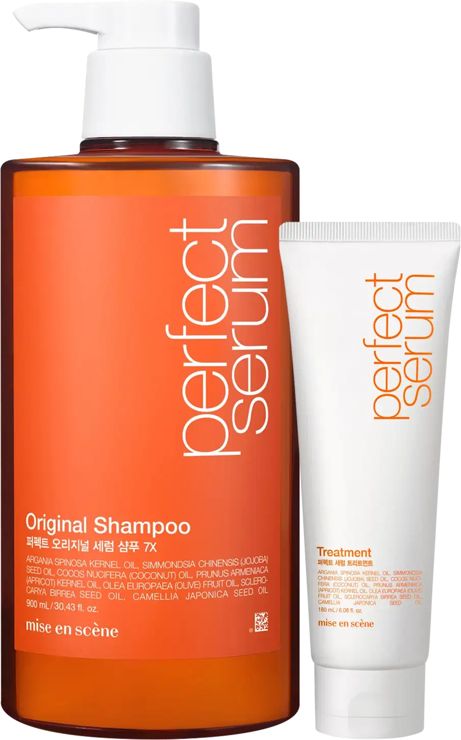 O produto de beleza Mise en Scène consiste em um frasco de shampoo laranja e máscara capilar, da linha Perfect Serum.