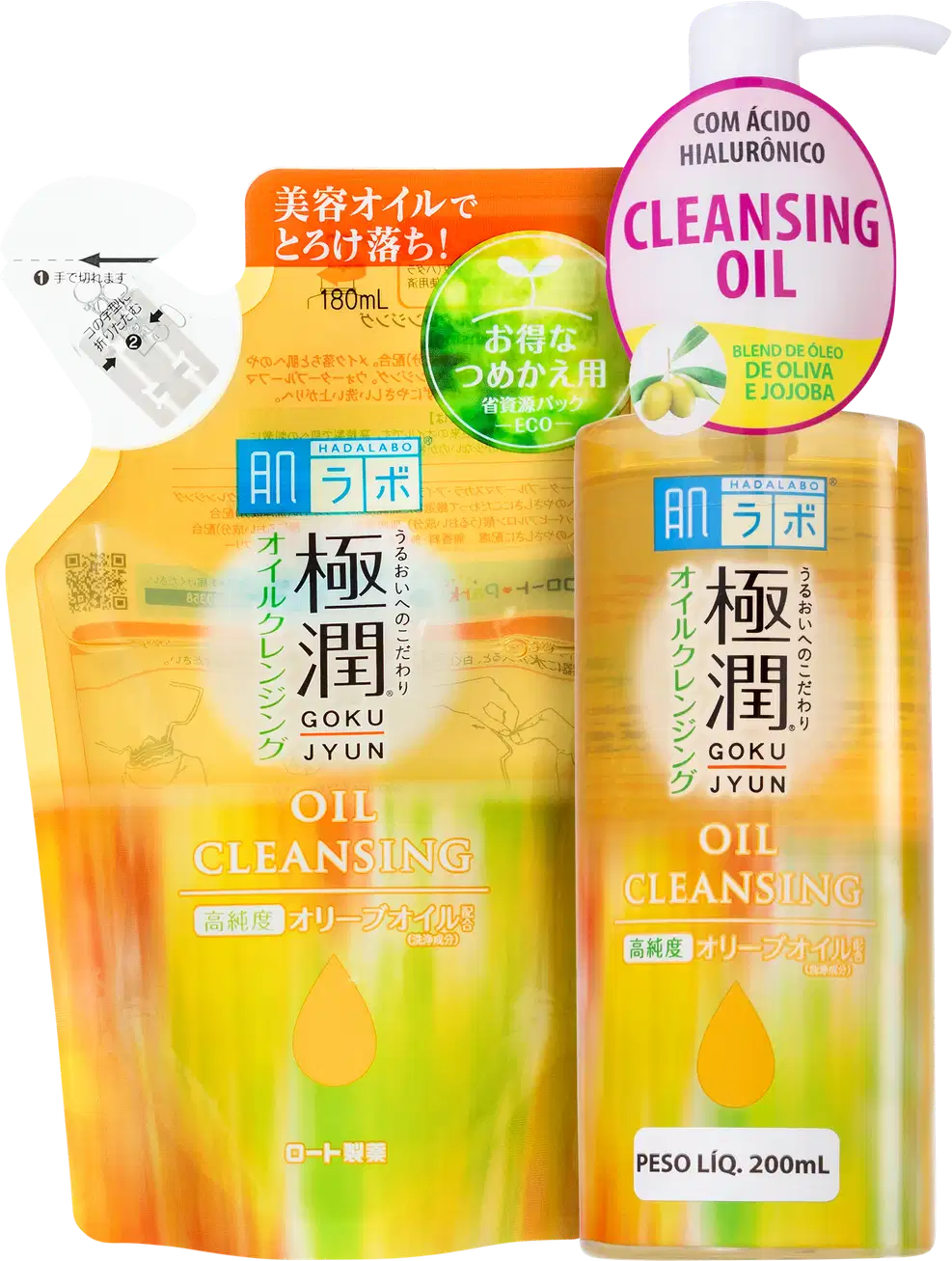 Dois frascos de óleo de limpeza da marca Hada Labo, com embalagens em tons de amarelo e laranja. Um frasco é maior, com 200 ml, e o outro versão refil, com 180 ml.