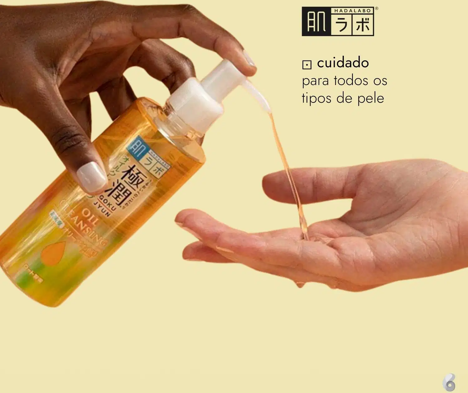 Imagem de um frasco de óleo para cuidados com a pele da marca Hadalabo, em um fundo amarelado, com as mãos aplicando o produto. O texto em português indica que o produto é adequado para todos os tipos de pele.
