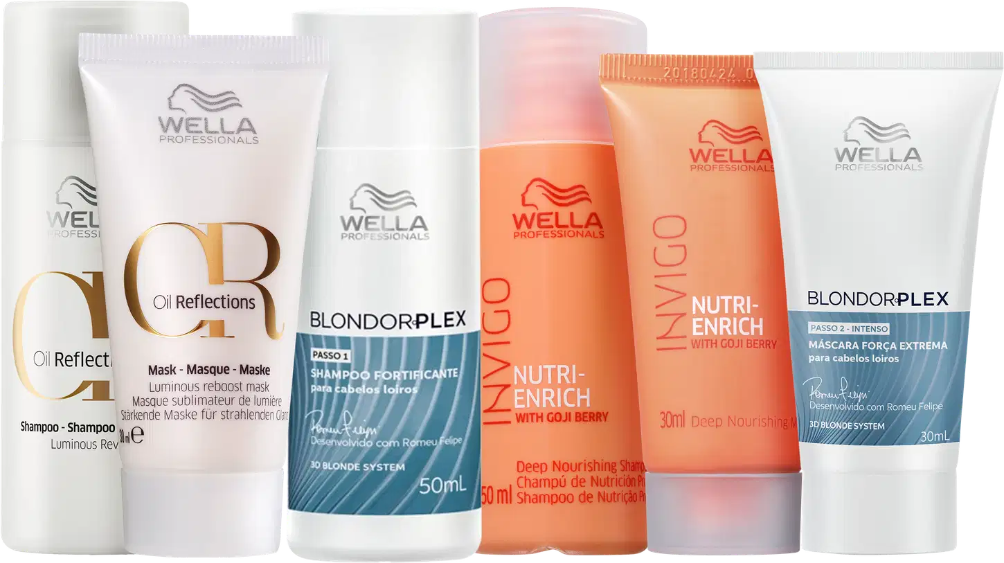 Produtos da marca Wella Professionals, incluindo shampoo e máscara das linhas BlondorPlex, Oil Reflections e Invigo Nutri-Enrich, com volumes de 30 e 50ml