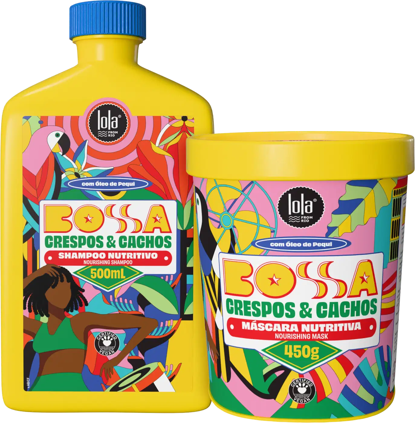 Produtos da marca Lola From Rio, incluindo um frasco de shampoo nutritivo Bossa Crespos & Cachos de 500 ml e um pote de máscara nutritiva Bossa Crespos & Cachos de 450 g, com embalagens coloridas e vibrantes em tons de amarelo, rosa e azul.