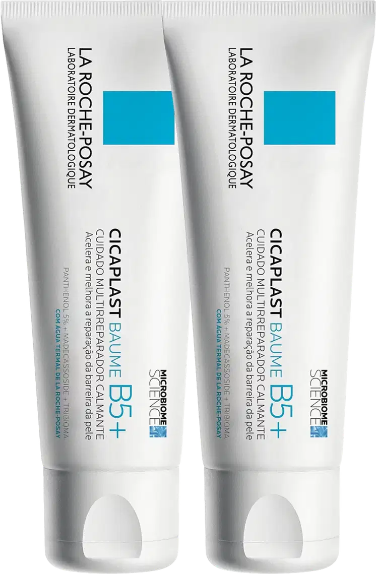 Dois tubos de creme da marca La Roche-Posay, com rótulos azuis e brancos, exibindo o nome "Cicaplast Baume B5+" e informações sobre o produto.