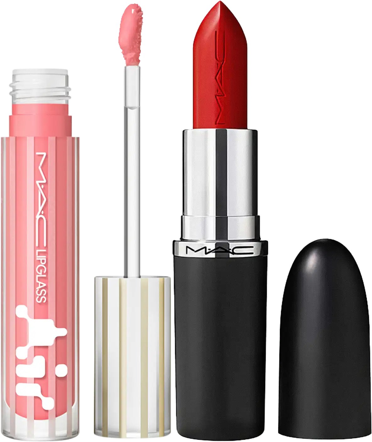 Kit M·A·C MACximal Satin Left On Red + Lipglass Airshine Snobbish, 2 produtos.