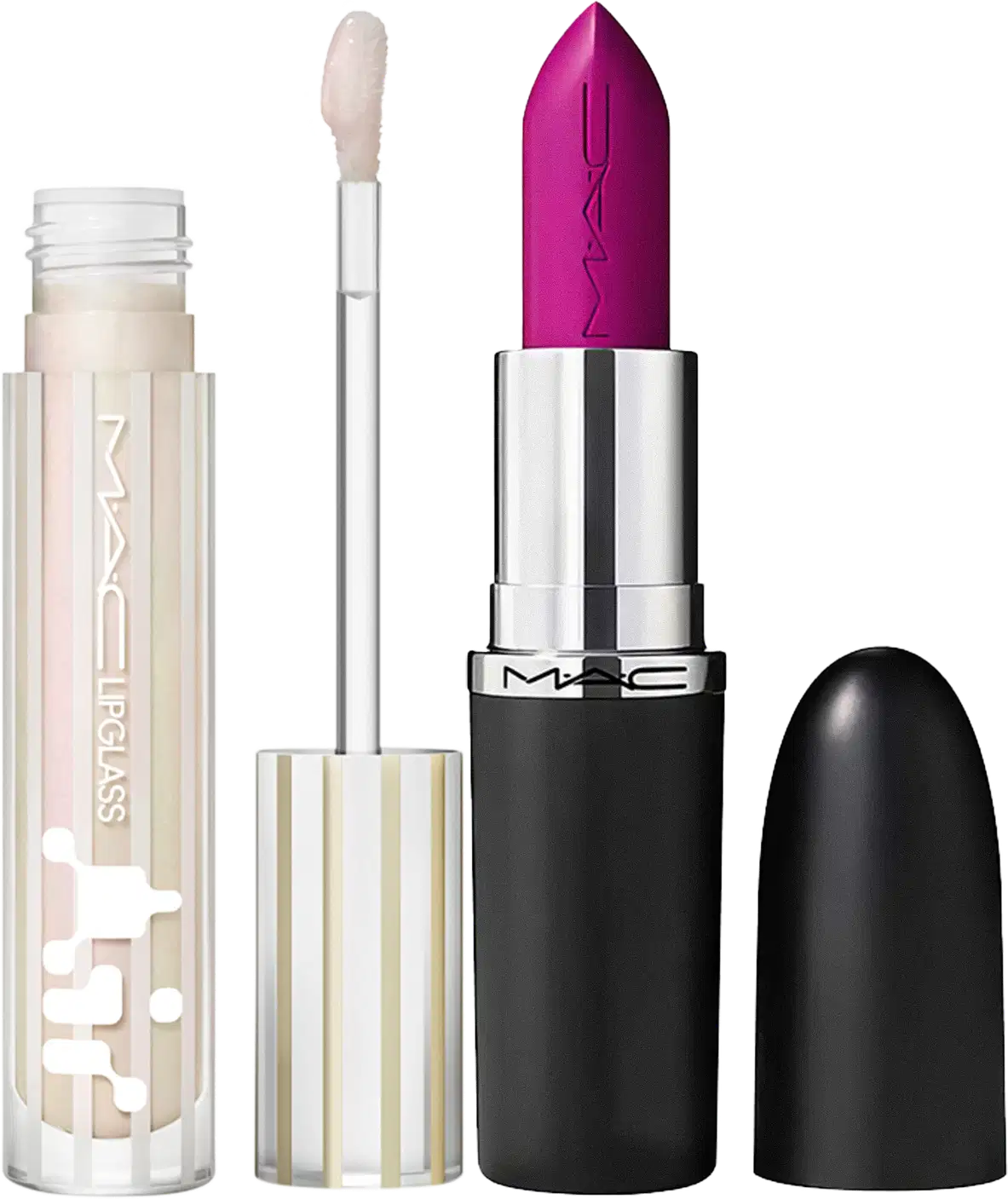 Kit M·A·C MACximal Satin Violet Vapor + Lipglass Airshine Frosting, 2 produtos.