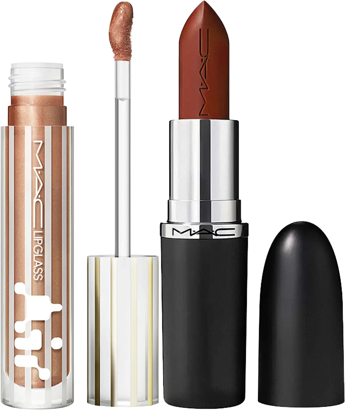 Kit M·A·C MACximal Satin Espresso Yourself + Lipglass Air Shade Extension So Golden, 2 produtos.