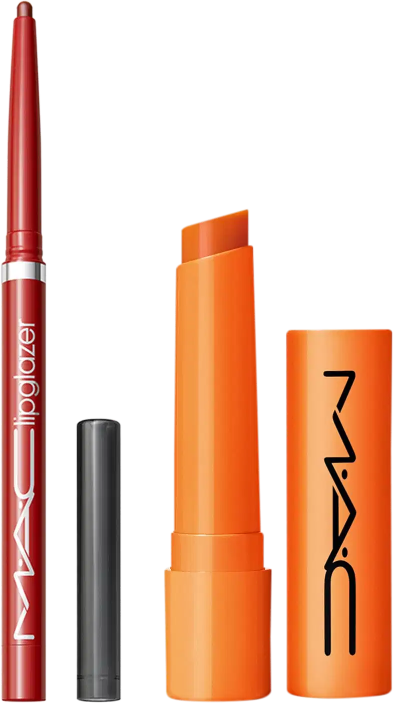 Kit M·A·C Squirt Hazard + Lipglazer Glossy Liner Ribbon, 2 produtos.