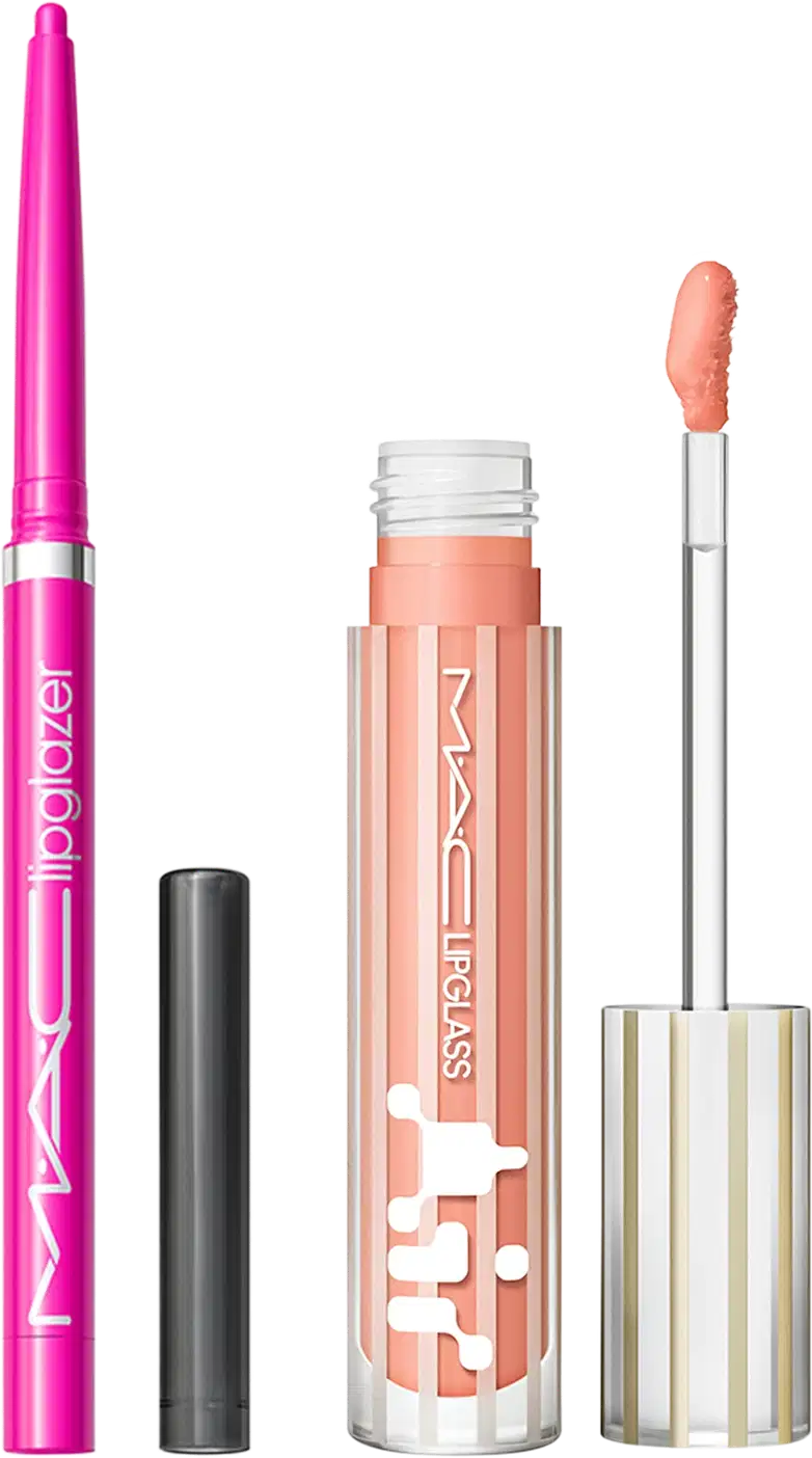 Kit M.A.C Lipglass Airshine Behaved + Lipglazer Glossy Liner Candy Yum Yum, 2 produtos.