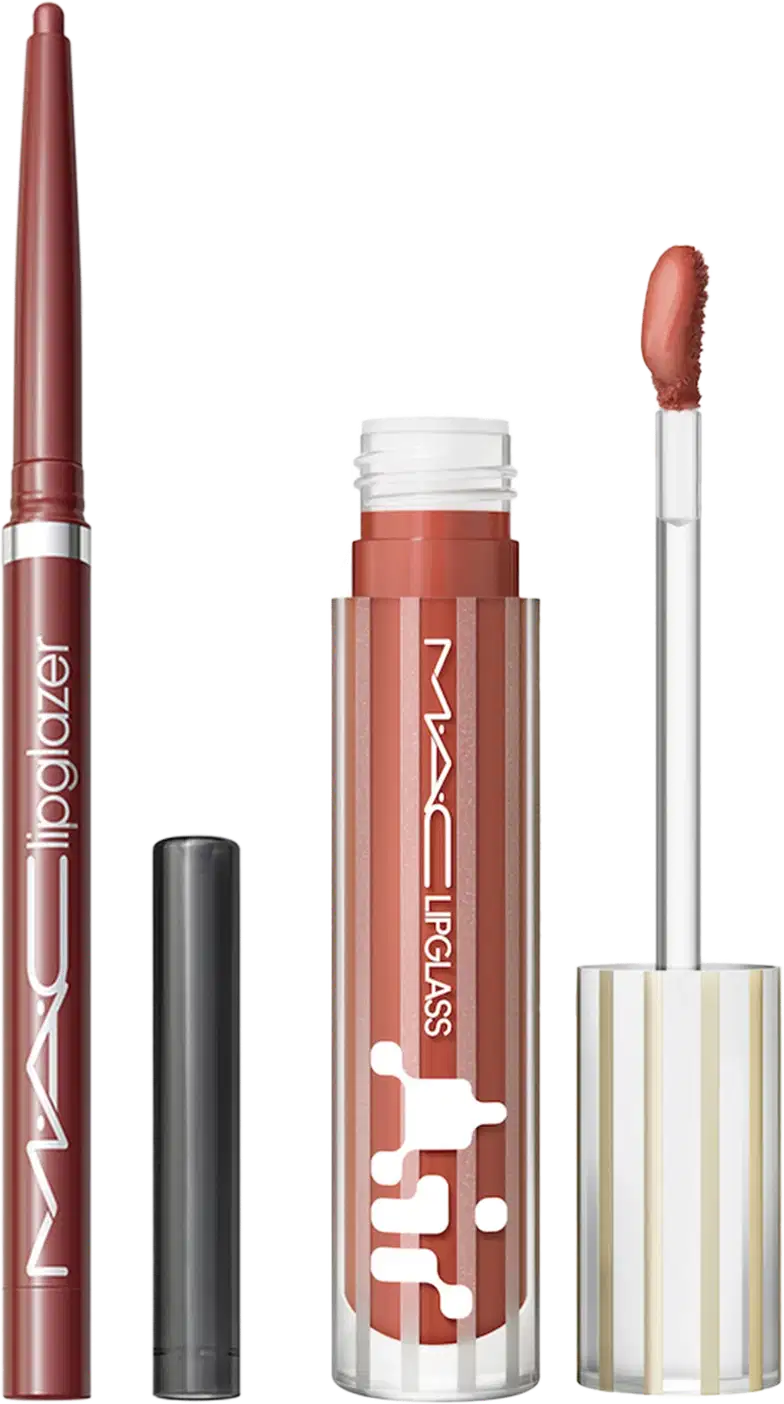 Kit M.A.C Lipglass Airshine Casual + Lipglazer Glossy Liner Whirlin, 2 produtos.