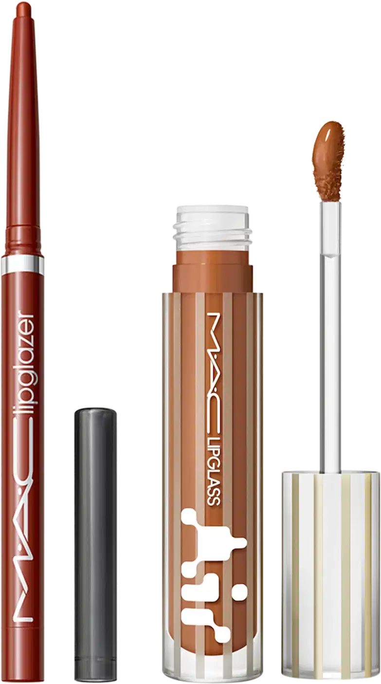 Kit M.A.C Lipglass Airshine Instinct + Lipglazer Glossy Liner Marrakesh, 2 produtos.