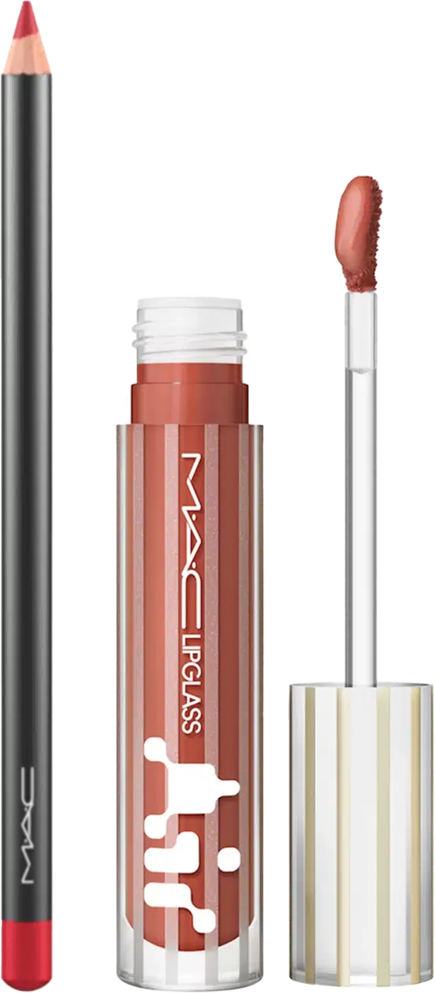 Kit M.A.C Lipglass Airshine Casual + Lip Pencil Cherry, 2 produtos.