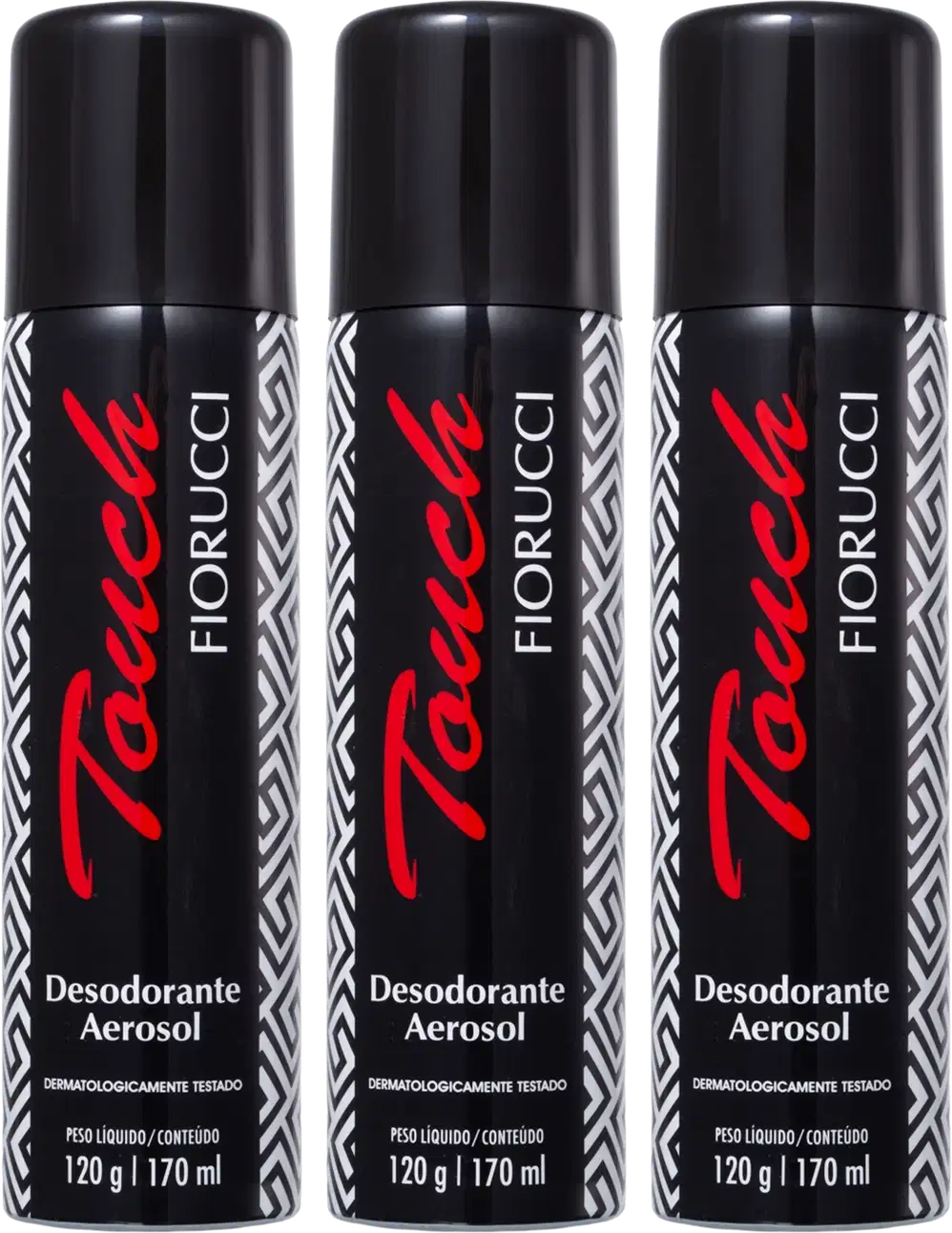Três frascos de desodorante aerossol da marca Fiorucci, com embalagem preta e vermelha, exibindo o nome da marca em destaque. Os frascos possuem 170 ml de conteúdo líquido.