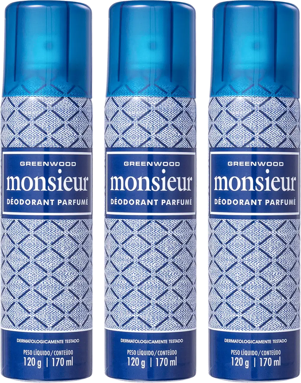 Três frascos de desodorante perfumado Monsieur da marca Greenwood, com embalagem azul e branca, apresentando um padrão geométrico. Cada frasco contém 170 ml do produto.