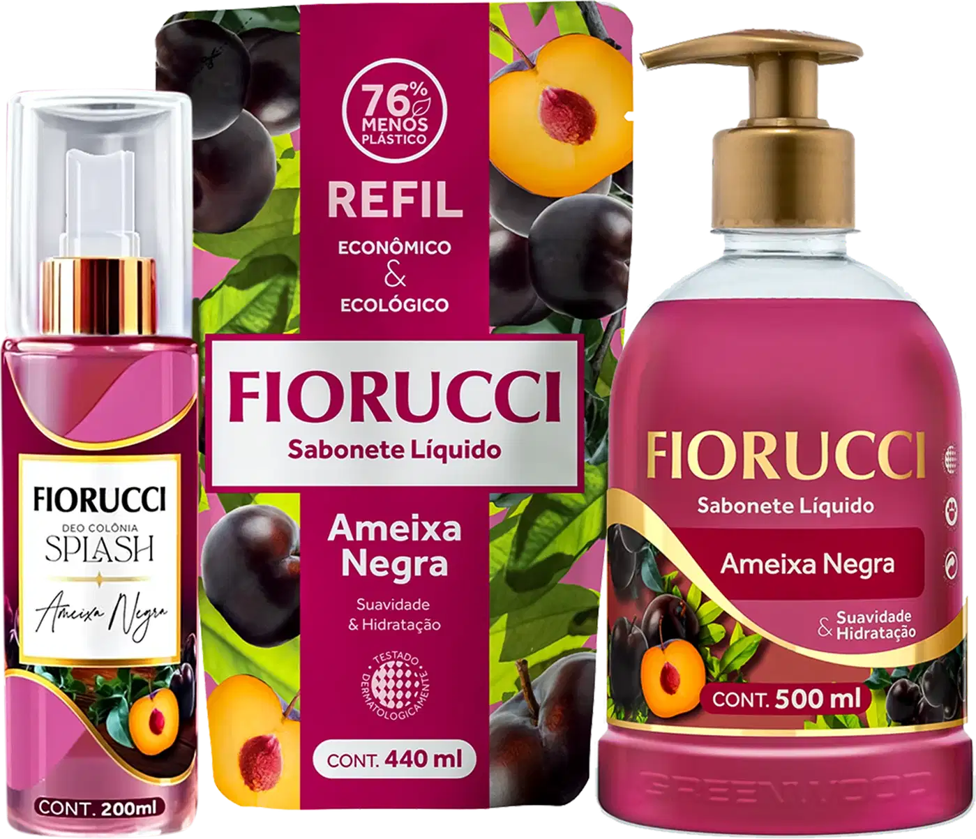 Produtos Fiorucci: Deo Colônia Splash Ameixa Negra 200ml, Sabonete Líquido Ameixa Negra 440ml e 500ml, em embalagens com cores rosa e verde, destacando a fragrância e hidratação.