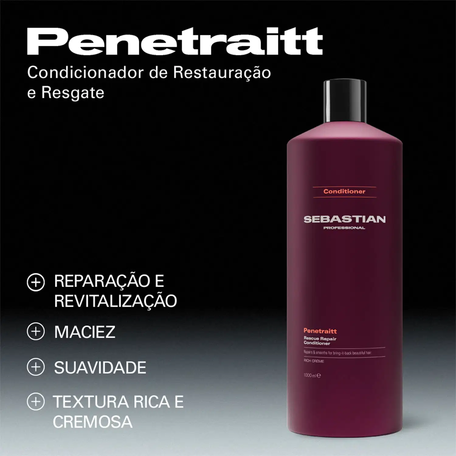 Penetraitt Condicionador de Restauração e Resgate, Reparação e Revitalização, Maciez, Suavidade, Textura Rica e Cremosa, Sebastian Professional.