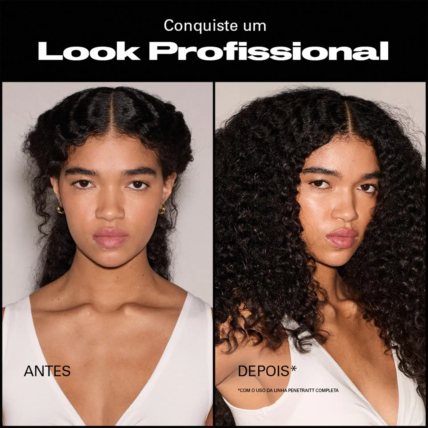 A imagem apresenta um anúncio da marca "Look Professional" que promove um produto de beleza para cabelos cacheados. O anúncio exibe antes e depois, mostrando o resultado do uso do produto, com destaque para a transformação dos cabelos.