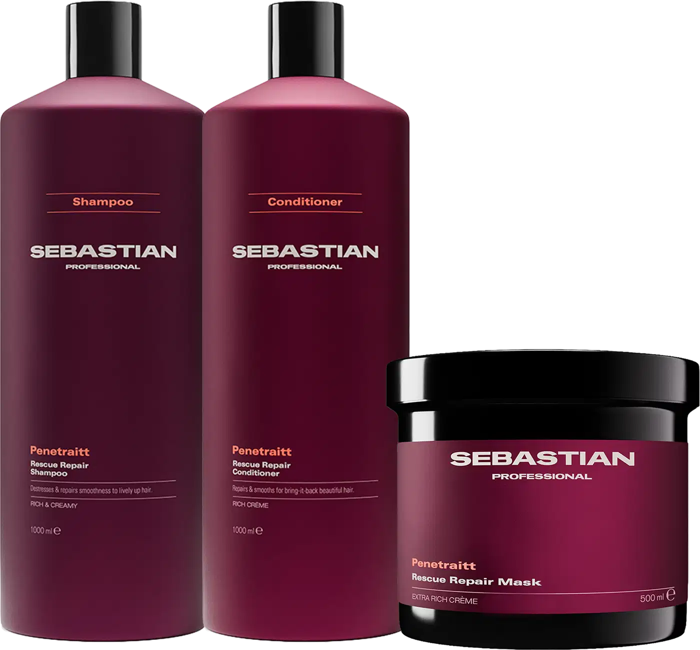 Três produtos da marca Sebastian Professional: shampoo, condicionador e máscara de tratamento, em embalagens de plástico preto e vermelho escuro, com rótulos destacando os nomes da marca e do produto.