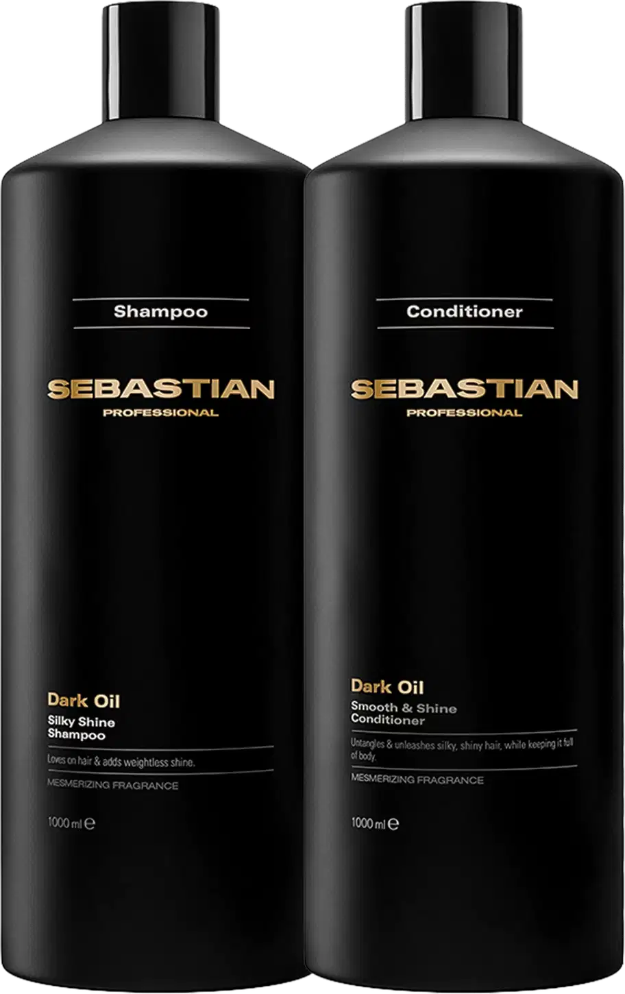 Dois frascos pretos da marca Sebastian Professional, um de shampoo e outro de condicionador da linha Dark Oil, com rótulos em dourado destacando o nome da marca e o tipo de produto.
