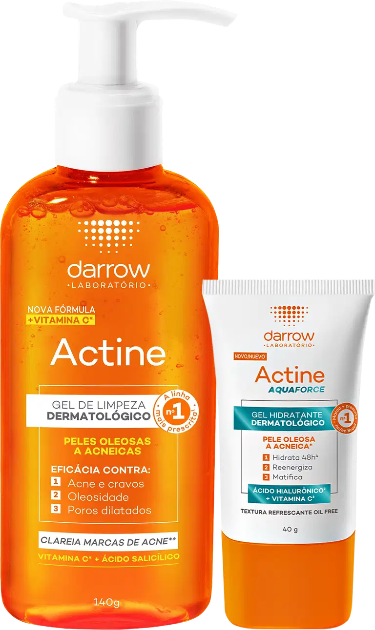 Dois produtos da marca Darrow: um gel de limpeza dermatológico Actine com fórmula de vitamina C, e um gel hidratante dermatológico Actine Aquaforce, ambos em embalagens laranja e branca com rótulos detalhados.