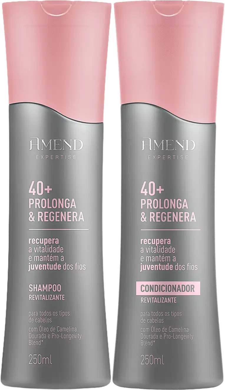 Dois frascos de shampoo e condicionador da linha Amend Expertise 40+ Prolonga & Regenera, com embalagens rosa e cinza, contendo 250ml cada, com informações sobre os benefícios do produto.