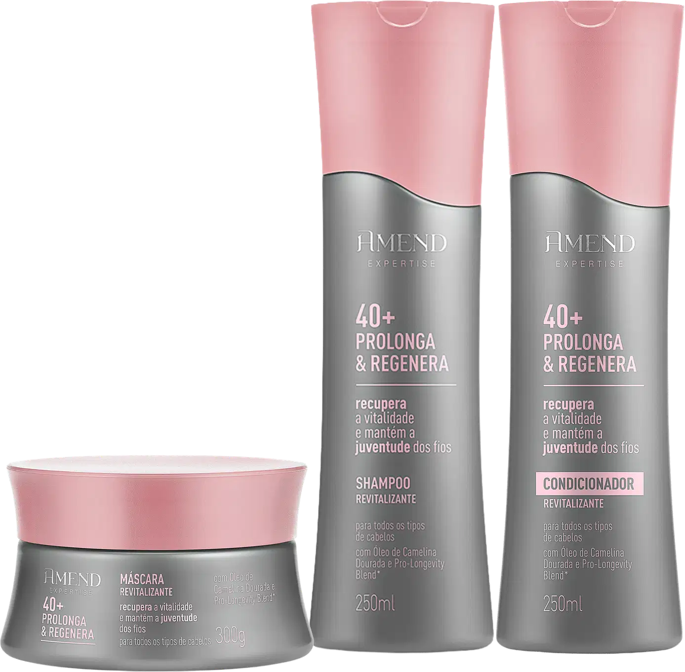 Três produtos da linha Amend Expertise 40+ Prolonga & Regenera: um frasco de shampoo revitalizante, um frasco de condicionador revitalizante e um pote de máscara revitalizante, todos em tons de rosa e cinza.