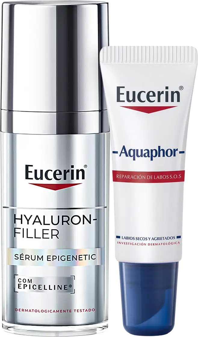 O produto Eucerin apresenta um frasco de soro Hyaluron-Filler com embalagem prateada e um tubo de creme Aquaphor com embalagem branca e azul. Ambos os produtos exibem o logotipo da marca Eucerin.