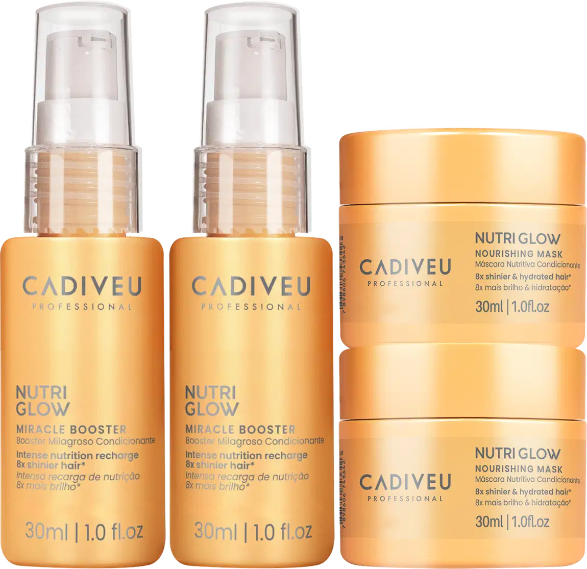 Dois frascos de 30ml do Nutri Glow Miracle Booster da Cadiveu Professional e dois potes de 30ml da Nutri Glow Nourishing Mask da Cadiveu Professional, todos em embalagens com cores predominantes de laranja e dourado.
